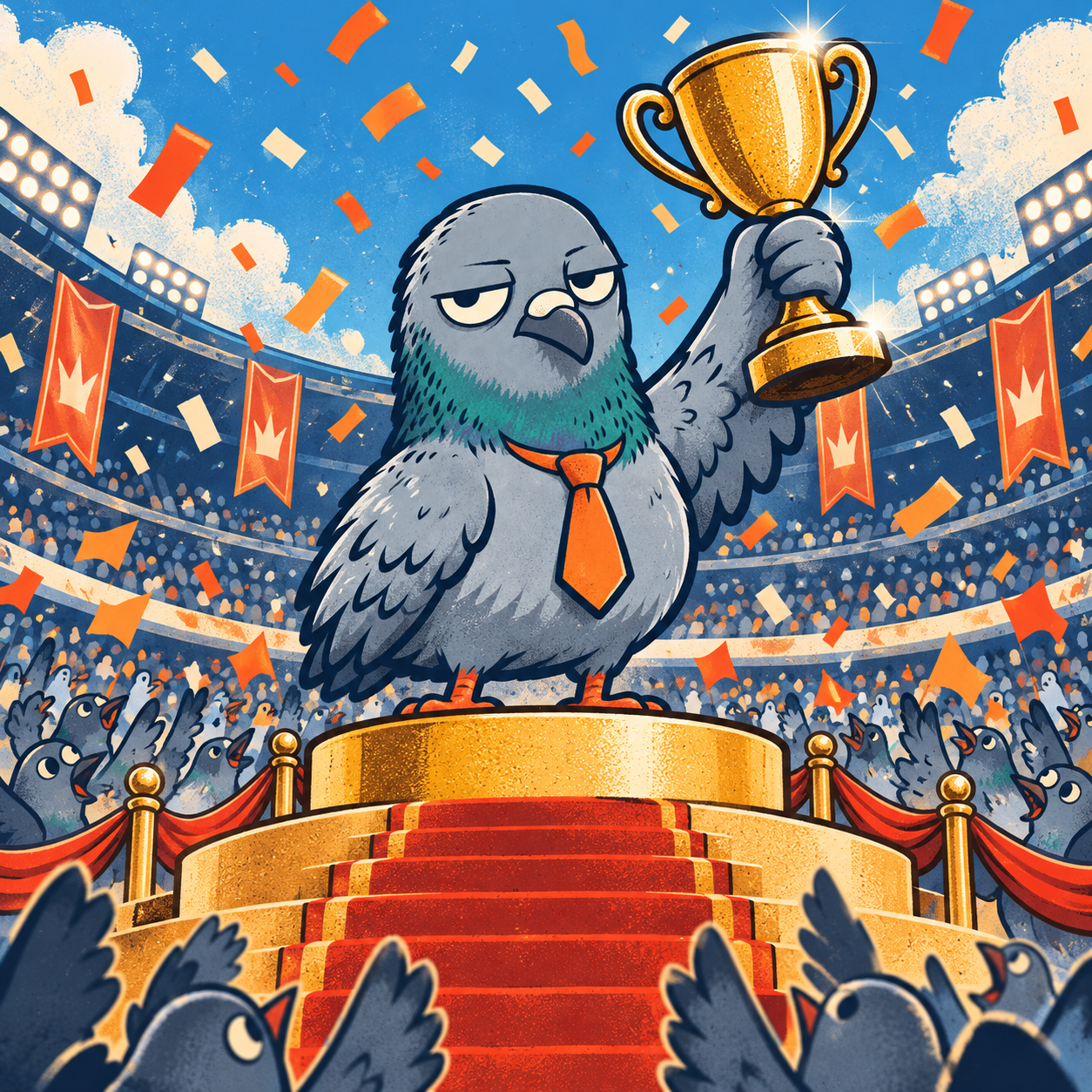 Deadpan pigeon with a huge trophy and celebration.