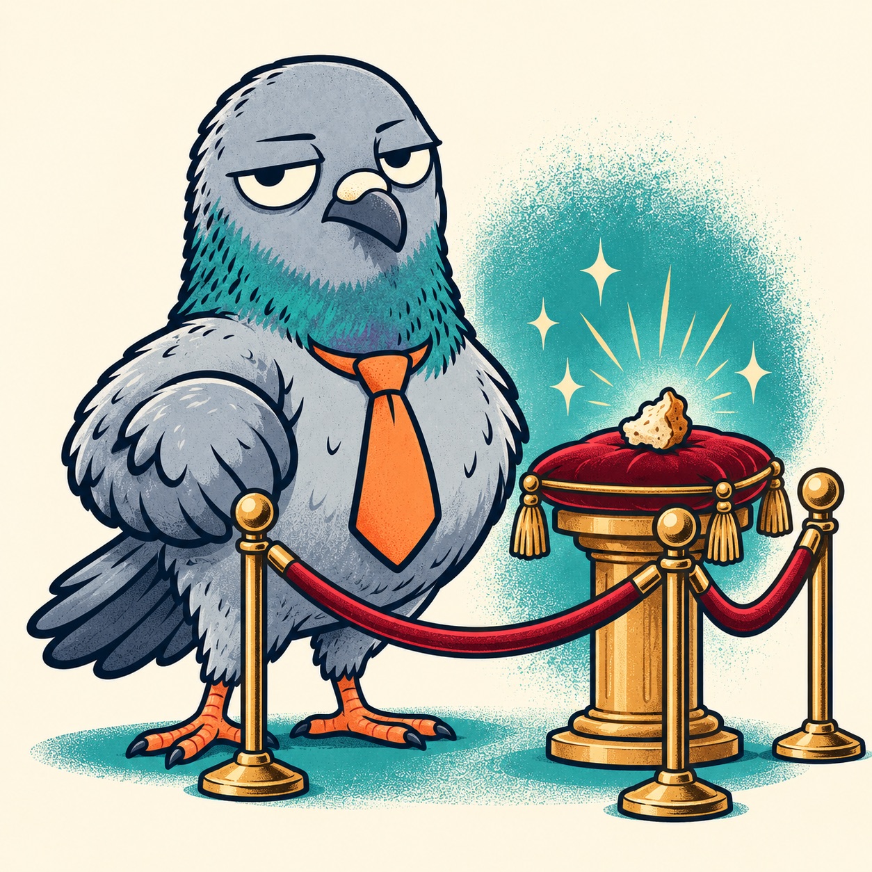Flockefeller, a deadpan grey pigeon in an orange tie, guarding a single bread crumb on a velvet cushion behind a velvet rope.